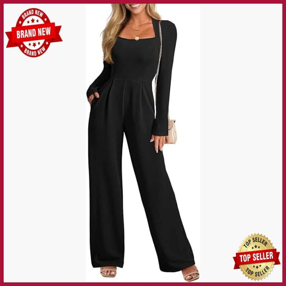 Long Sleeve Wide Leg Jumpsuit Scoop Neck Polyester Blend Size Medium